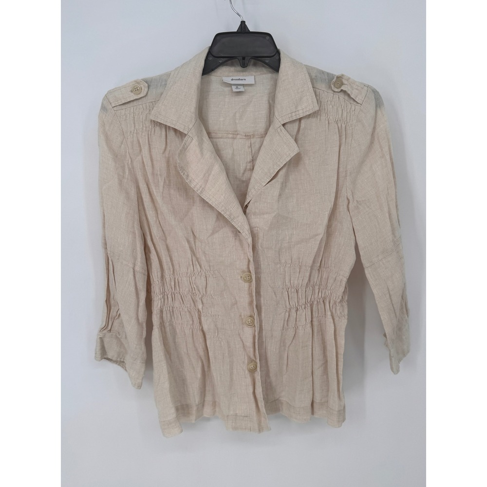 Dressbarn Linen Top Women XL Beige Smocked Waist Epaulette 3/4 Sleeve Button Up